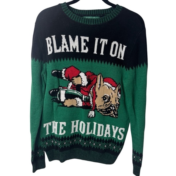 Ugly Christmas sweater Blame it on the Holidays drunk dog - Picture 1 of 6